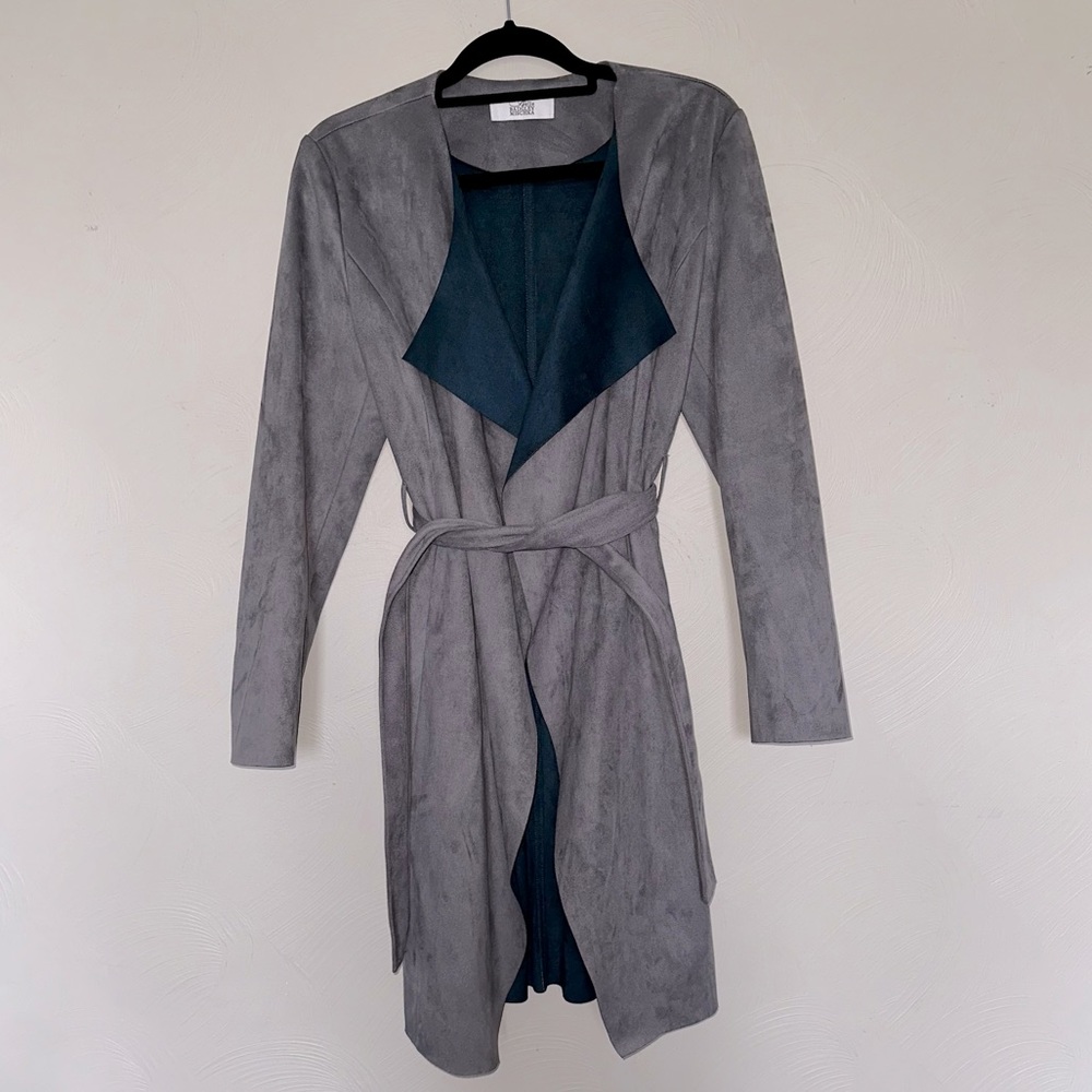 Badgley Mischka Faux Suede Gray and Teal Wrap Trench Coat with Pockets